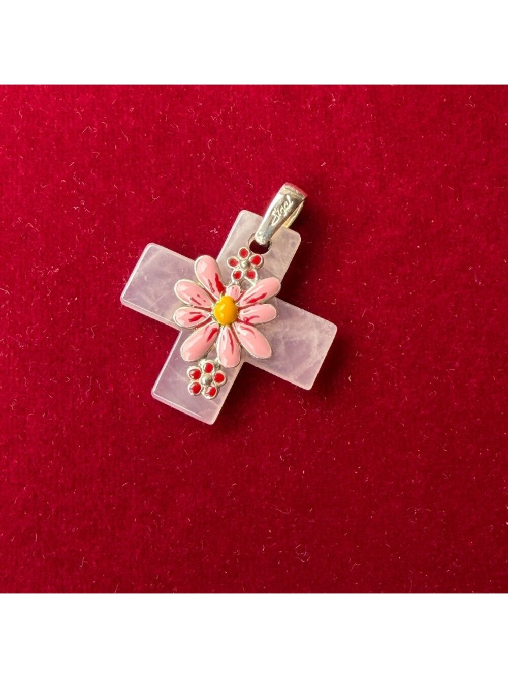 David Sigal Sterling Silver 925 Pink Rose Quartz Cross Pendant Enamel Flower
